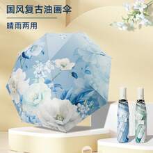 Umbrellas And Rain Hat Umbrellas - Retro Oil Painting Umbrella Manual Sky Blue - View 2