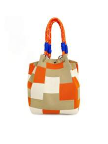 1pc Multicolor Geometric Pattern Knitted Handbag, Women Portable Foldable Dual Handle Small Tote Bag With Magnetic Closure, Suitable For Commuting, Vacation, Beach, Shopping