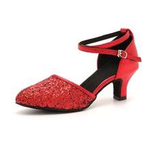 SENMANYU Women Salsa Ballroom Dance Shoes | 2.17" Heel With Adjustable Ankle Strap | Dancing Pumps For Latin Tango Flapper Character Party Glitter Shoe - 紅色 - 查看 3