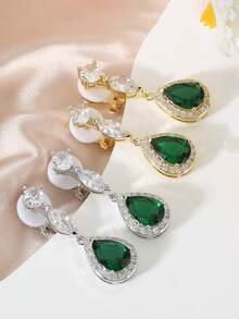 2 件复古宫廷风格水滴形绿色泪珠长夹耳环，适合婚礼和派对