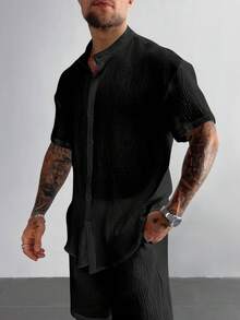 Áo sơ mi nam GloMan phong cách Old Money màu trắng, 100% cotton, kiểu dáng tối giản, cổ đứng, tay ngắn, cài nút, thoáng khí, thích hợp mặc công sở mùa hè. Quà tặng Ngày của Cha. Quà tặng cho Mẹ. - màu đen - Xem 5