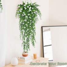 1/25 人造垂吊植物，仿真蔓生植物，盆栽绿植，仿桉树，飘香藤盆栽，适合室内/室外装饰，例如家居花园、婚礼、派对，抗紫外线，绿化效果好，人造装饰叶，热带植物叶，适用于婚礼、花园、庭院、窗台花箱、农舍装饰、仿真绿植、情人节派对装饰、情人节礼物 - 白色 - 查看 6