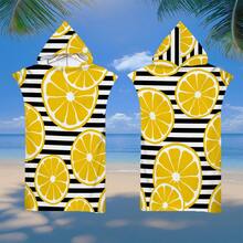 1 件柠檬条纹连帽斗篷，水果印花，超柔软超细纤维沙滩毯和连帽沙滩巾二合一，带纽扣，解开纽扣可转换为沙滩毯，超强吸水毛巾，适合旅行、泳池、潜水、冲浪、瑜伽、露营 - 彩色 - 查看 7