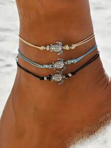 Conjunto de 3 peças de tornozeleiras ajustáveis, estilo boêmio, vintage, estilo praia, feitas à mão, para tartaruga marinha, joias para presente diário para mulheres
