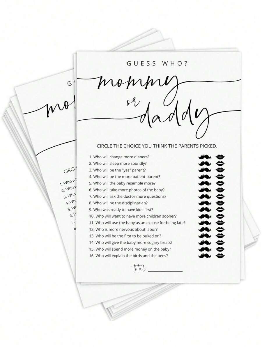 20 张“谁是妈妈还是爸爸”游戏卡、迎婴派对游戏卡、迎婴派对游戏和活动、适合男孩或女孩的趣味迎婴派对游戏