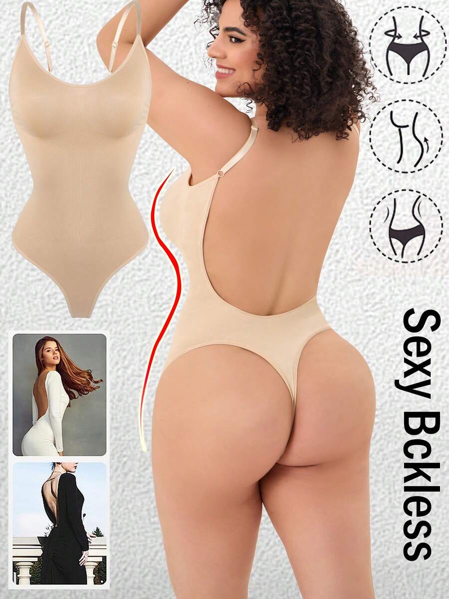 Women Backless Shapewear Bodysuit Tummy Control Body Shaper Smooth Snatched Waist Thong Body Suit Slimming Body  Camisole - 米色 - 查看 1