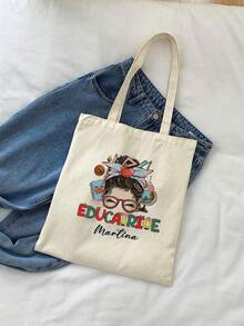 1pc Customized Name Canvas Tote Bag, Can Customize Name Or Text, Large Capacity Canvas Handbag Shoulder Bag, Personalized Tote Bag, Foldable, Large Capacity Or Lightweight, Canvas Shopping Bag, Student Handbag, Fashion Versatile, Teacher's Day Gift, Suitable For Women, Backpack/College Backpack, Travel Accessory, Teacher's Day Gift, Birthday Gift - Multicolor - View 2