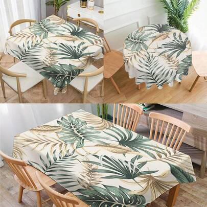 1 pezzo Tovaglia rettangolare/rotonda in poliestere impermeabile con stampa di foglie tropicali, adatta per soggiorno, uso domestico, pranzo all'aperto, tavolo rotondo piccolo
