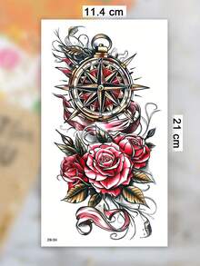 1 Foglio di grandi dimensioni Tatuaggi temporanei da donna, stile retrò old school con motivo di rosa rossa e bussola, tatuaggi finti impermeabili, durano 2-5 giorni, coprono cicatrici, utilizzabili su braccia, polsi, spalle, gambe, vita, collo, mani, petto, cosce e dita, adatti per abbigliamento corporeo, vacanze, regali, feste, festival musicali