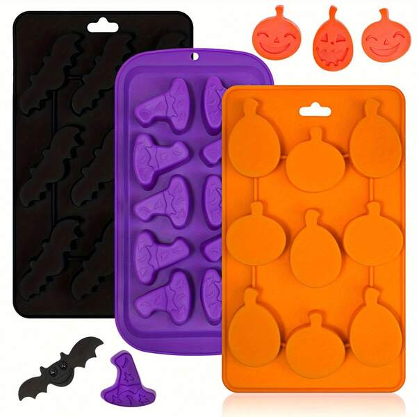 Silikon-Schokoladenform-Set für Halloween-Süßigkeiten und Schokoladenherstellung, enthält Fledermaus, Kürbis und Hexenhut 3D-Silikonformen, einfach zu reinigen und zu entfernen, Backzubehör für Süßigkeiten, Gelee, nur Formen