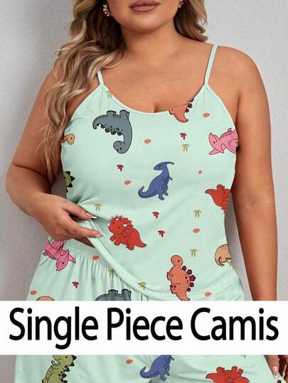 1pc Plus Size Women Sleeveless Camisole Top, Cute Cartoon Dinosaur Print Round Neck Spaghetti Strap Backless Top, Spring/Summer