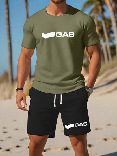 2 pezzi Set da uomo composto da maglietta e pantaloncini casual estivi, vestibilità regolare, con stampa personalizzata di lettere, adatto come regalo per marito/fidanzato, per golf, pesca, basket, campeggio, palestra, nuoto e spiaggia