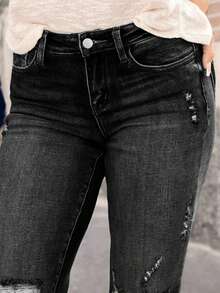 Women's Stretch Jeans, Distressed Black - Slim Fit With Distressed Detail, Comfortable Fabric, Suitable For Leisure And Sports, Hand Washable, Spring And Fall Clothing | Distressed Detail Jeans - 黑色 - 查看 5