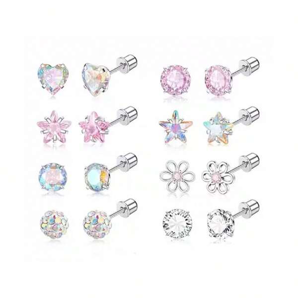 16pcs 5A Rainbow Cubic Zirconia Stud Earrings, Suitable For Sensitive Ears, 20G Flat Back, Unisex, Sleep-Friendly