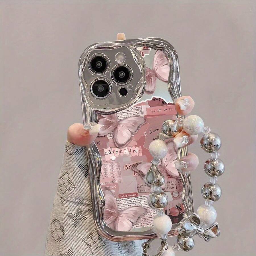 Electroplated Silver Curved Edge Pattern Mobile Phone Case With Pearl Bracelet Lanyard Design, Anti-Fall, Durable, Unique Pattern, Compatible With IPhone 16 15 14 13 12 11 Pro Promax 16 15 14 Plus Cute Fashion Thickened Shockproof Mobile Phone Case - 混合顏色 4 - 查看 1