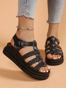 Women's Flat Sandals, New Thicker Sole Black Sandals, Roman Style Non-Slip Versatile Fashion Sandals, Casual Beach Sandals For Summer