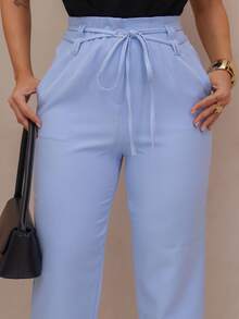 Women's Tailored Trousers With High Waist Belt - Màu xanh nhạt - Xem 3