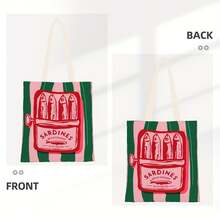 Fashionable Sardine Print Canvas Bag, Sardine Themed, Unisex Large Capacity Shoulder Bag, Shopping Bag, Lightweight Travel Luggage Bag, Reusable Student Commuter Canvas Bag, Suitable As Birthday Gift For Family And Friends - Multicolor - View 6