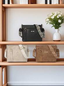 复古休闲斜挎包，大容量，女士休闲斜挎包，可拆卸可调节肩带，拉链封口，适合日常通勤、购物和旅行 - 咖啡棕色、黑色、深棕色，几何图案点缀，纹理表面 - 彩色 - 查看 2