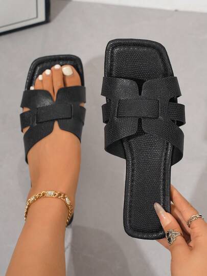 2025 New Women's Flat Slide Sandals, Fashion Square Toe Striped Casual Slippers For Summer