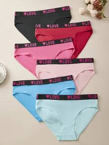6pcs Plus Size Women Letter & Heart Printed Briefs, Sporty