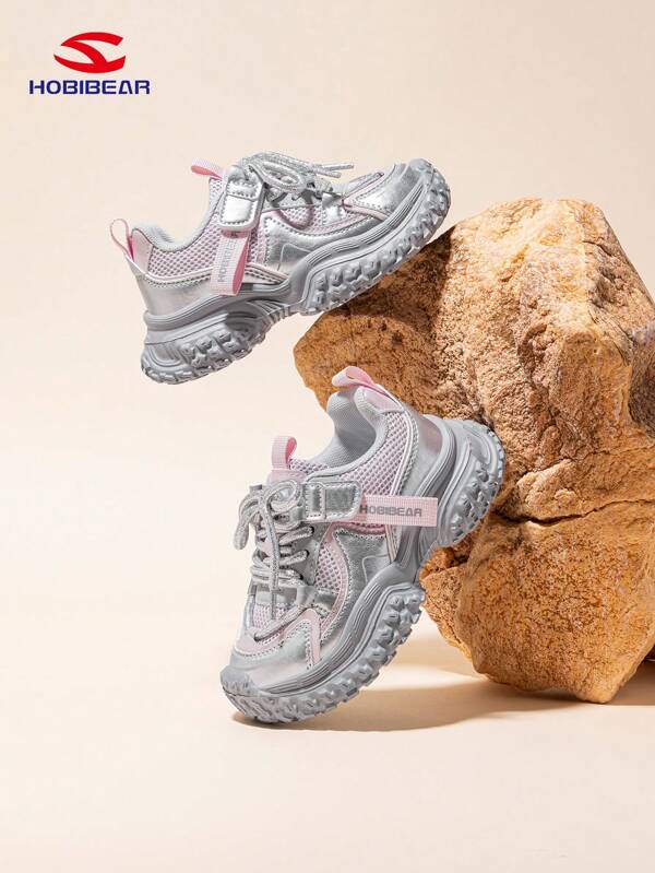HOBIBEAR Dziecięce Buty Sportowe, Lekkie Rzepy I Pętle Projekt Casual Outdoor Buty Do Chodzenia Dla Chłopców/Dziewcząt, Modny Styl Kampusowy Dla Dziewczynek, Oddychająca Cholewka Z Siateczki, Miękka Podeszwa Wygodna Dla Dziewczynek, Srebrna Platforma Gruba Podeszwa, Odpowiednie Na Wiosnę