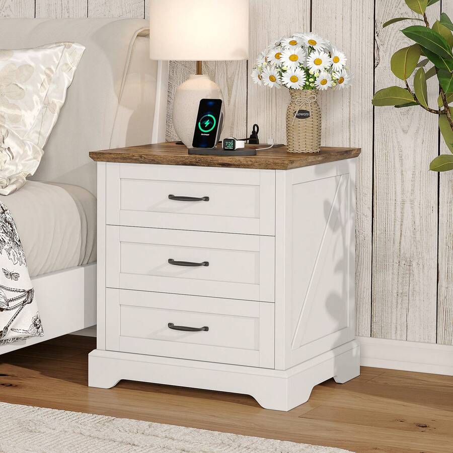 Farmhouse Nightstand With Charging Station, 3 Drawers Bedside Table, 22 Inch Wide End Table For Bedroom, Living Room