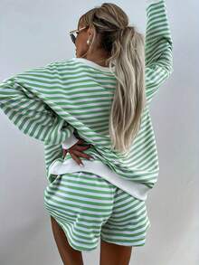 Spring And Summer Fashion Classic Stripes Comfortable Loose V-Neck Long-Sleeved Top Comfortable Shorts Casual Fashion Casual Suit - 綠色 - 查看 3