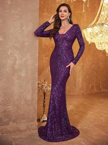 Vestido formal de manga larga con cuello en V y bajo de cola de sirena con lentejuelas - Rojo violeta - Ver 7