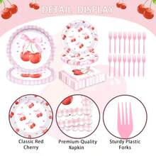 Juego de 100 piezas de vajilla desechable de cereza con diseño a cuadros rosas para fiestas, incluye platos, vasos, servilletas y tenedores. Diseño de cerezas lindas para cumpleaños, baby shower, despedida de soltera, picnic. Sirve para 20 invitados. - Cereza - Ver 3