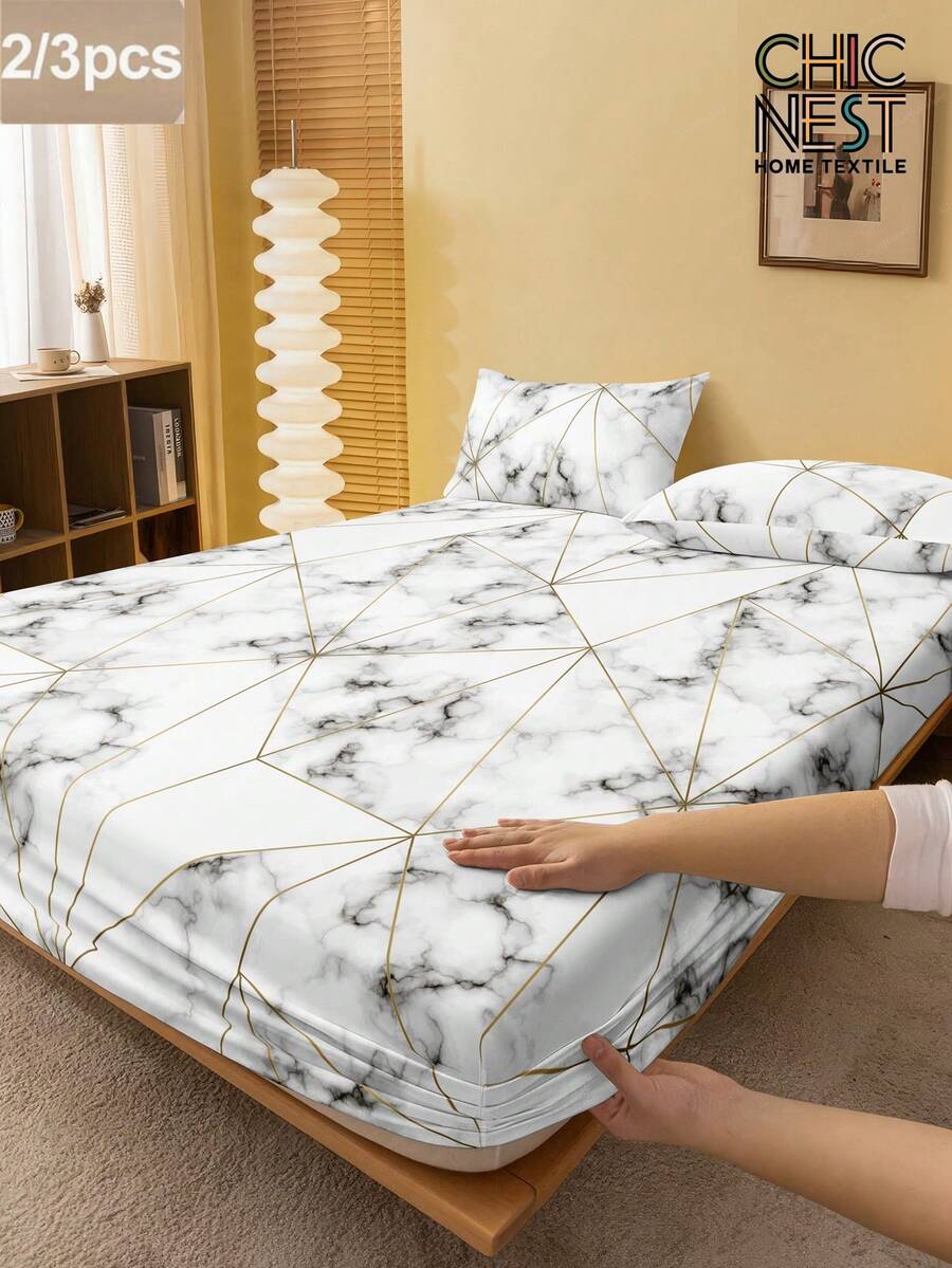 2/3pcs White Marble Geometric Pattern Bedding Set (1pc Fitted Sheet + 1/2pcs Pillowcase), Soft & Breathable, Fits Twin, Full, Queen, King Size Beds, Fitted Sheet Depth Up To 11.8 Inches, Home Textile - White - View 1