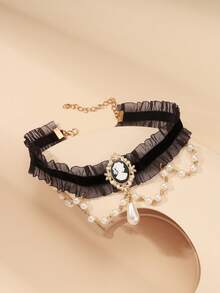 1 件巴洛克风格颈链套装，带浮雕吊坠和珍珠，女士时尚珠宝颈链、珍珠颈链、复古珠宝、哥特式配饰 - 彩色 - 查看 9