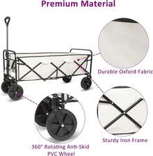 Extended Folding Utility Wagon, 330LBS Heavy Loaded Collapsible Garden Cart With Anti-Slip Wheels, Adjustable Handle And Side Pockets, Large, White, X-Large - White - View 5