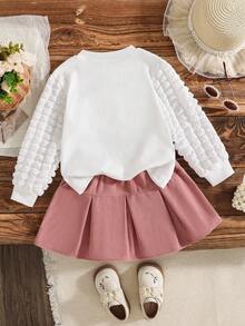 2pcs/Set New Girls' Lantern Sleeve Round Neck Pullover Heart Pattern Top + Bow Pink Skirt Set, Spring/Autumn Outdoor Sweet & Cute T-Shirt And Skirt Outfit - White - View 2