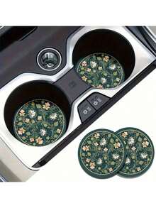 2个孔雀绿花卉仿皮车载杯垫 - 直径2.75英寸，超薄高清图案，耐用防水防尘 - 送朋友的理想礼物