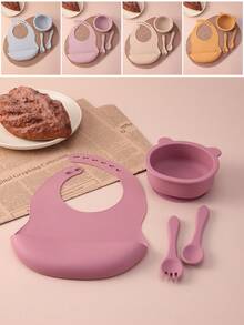 PopLittleOne 4PCS Baby Silicone Dinner Set Adjustable Bib Cartoon Bear Bowl Solid Color Spoon Fork Feeding Learning Baby Tableware - Multicolor - View 2