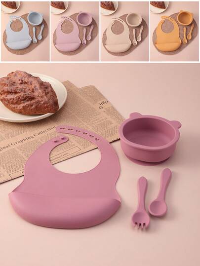 4件套婴儿硅胶餐具套装可调节围兜卡通熊碗纯色勺叉喂食学习婴儿餐具