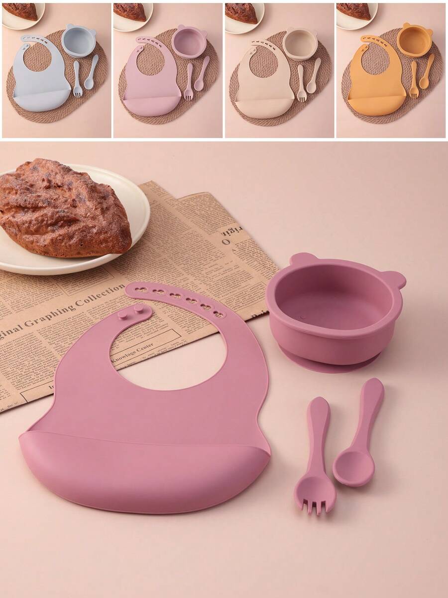 PopLittleOne 4PCS Baby Silicone Dinner Set Adjustable Bib Cartoon Bear Bowl Solid Color Spoon Fork Feeding Learning Baby Tableware