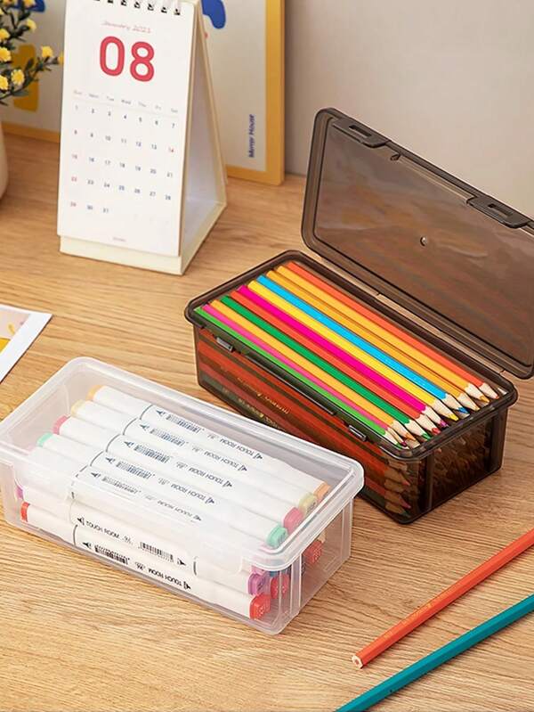 1pc Transparent Pencil Case, Lightweight Portable Office/School Supplies Storage Box, Desk Organizer For Pens, Markers, Stationery, Cosmetics