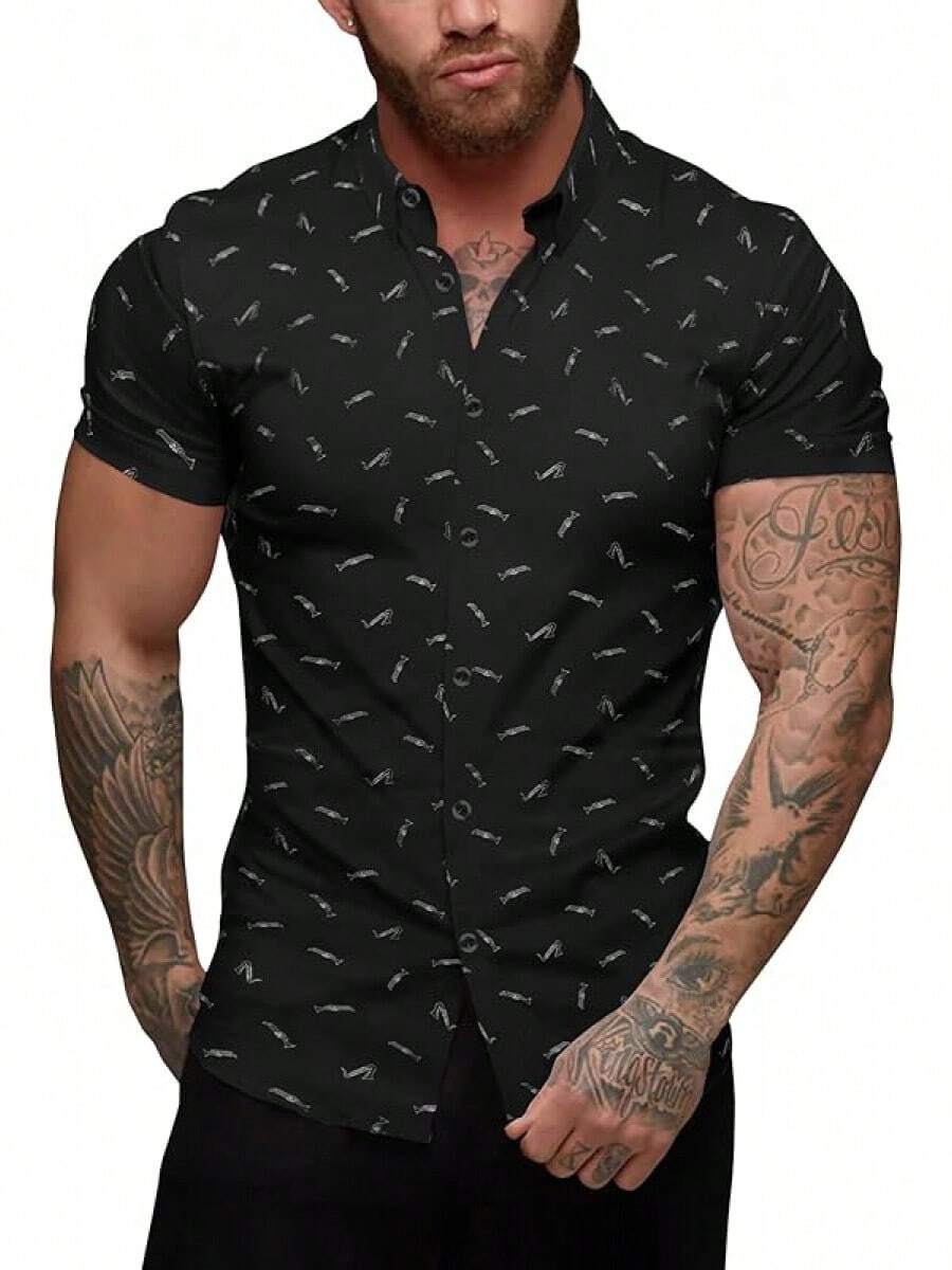 Men's Muscle Dress Shirts Slim Fit Stretch Short Sleeve Casual Button Down Shirts For Menhalloween - Hoa - Đen - Xem 1