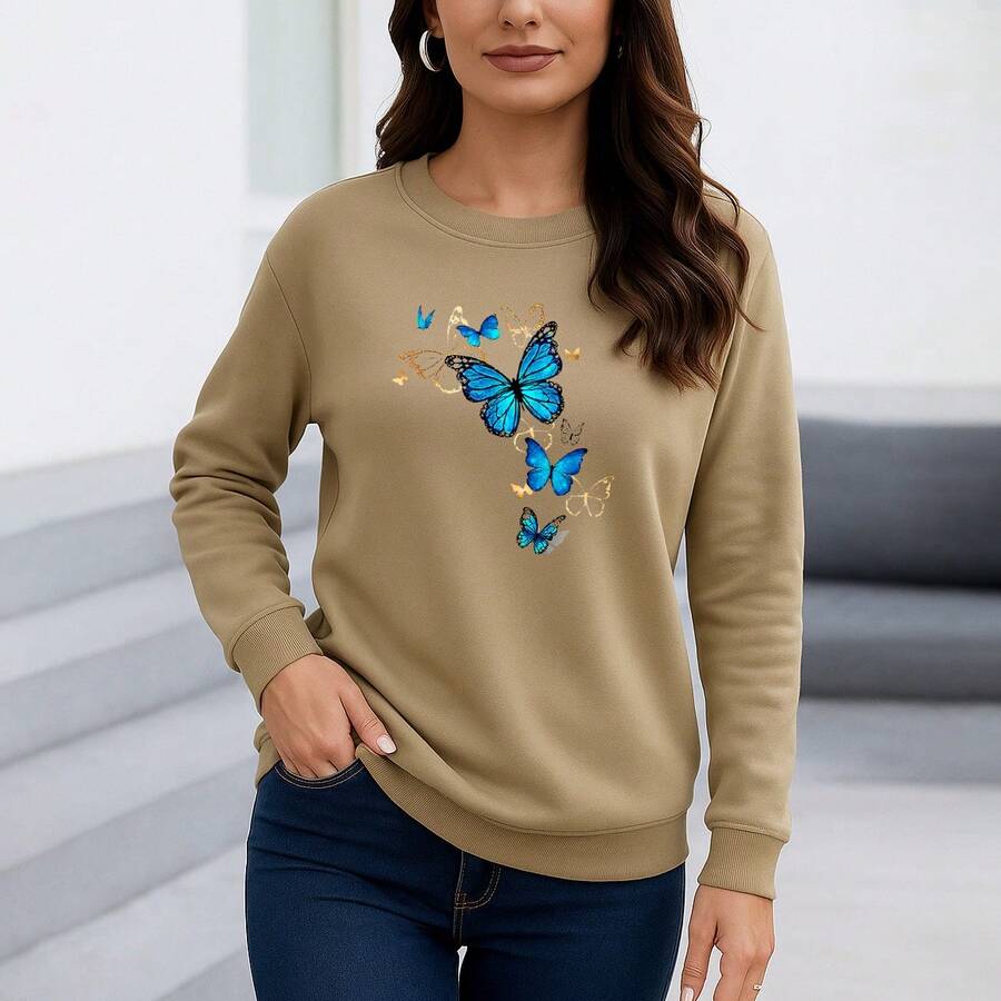 Women's Crew Neck Sweatshirt Plus Size Style Model: "Flying Butterflies" - SPECIAL Launch 2025 - 卡其色 - 查看 1