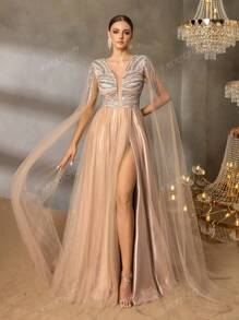 Faeriesty Faeriesty Luxurious Beaded Sequin Evening Gown – Plunging V-Neck With Bold Crystal Beading & Sheer Tulle Cape, Fluid A-Line Silhouette For Red Carpet Galas, Prom & Black Tie Affairs