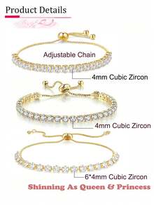 Bộ 3 vòng tay tennis điều chỉnh được, đính đá cubic zirconia hình học, thích hợp cho phụ nữ và bé gái đeo hàng ngày. - Vàng - Xem 4