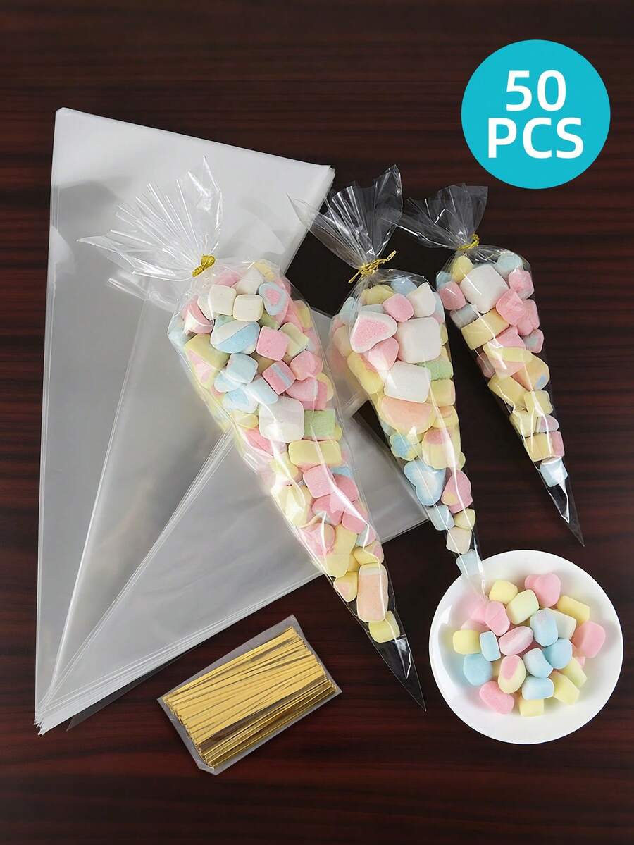 50 个透明糖果三角袋，带扭结的零食袋，锥形透明食品袋，适用于零食、爆米花、糖果、饼干、巧克力、糕点等。非常适合派对礼物、婚礼回礼、鲜花包装、装饰、生日派对、婚礼装饰、送礼。3 种尺寸可选。
