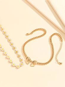 Set de 2 collares de dije con pajarita y flor margarita de aleación de zinc, adecuados para uso diario, fiestas y viajes de niñas/mujeres, mejor amiga