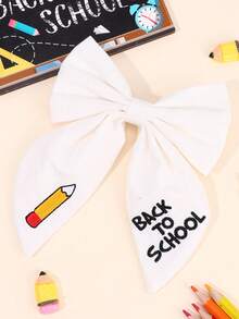 1pc White Fabric Bow Hair Clip, Book & Pencil Print Hair Bow, Fashionable Daily Use Hair Accessory Gift For Kids Back To School Season - Multicolor - View 1