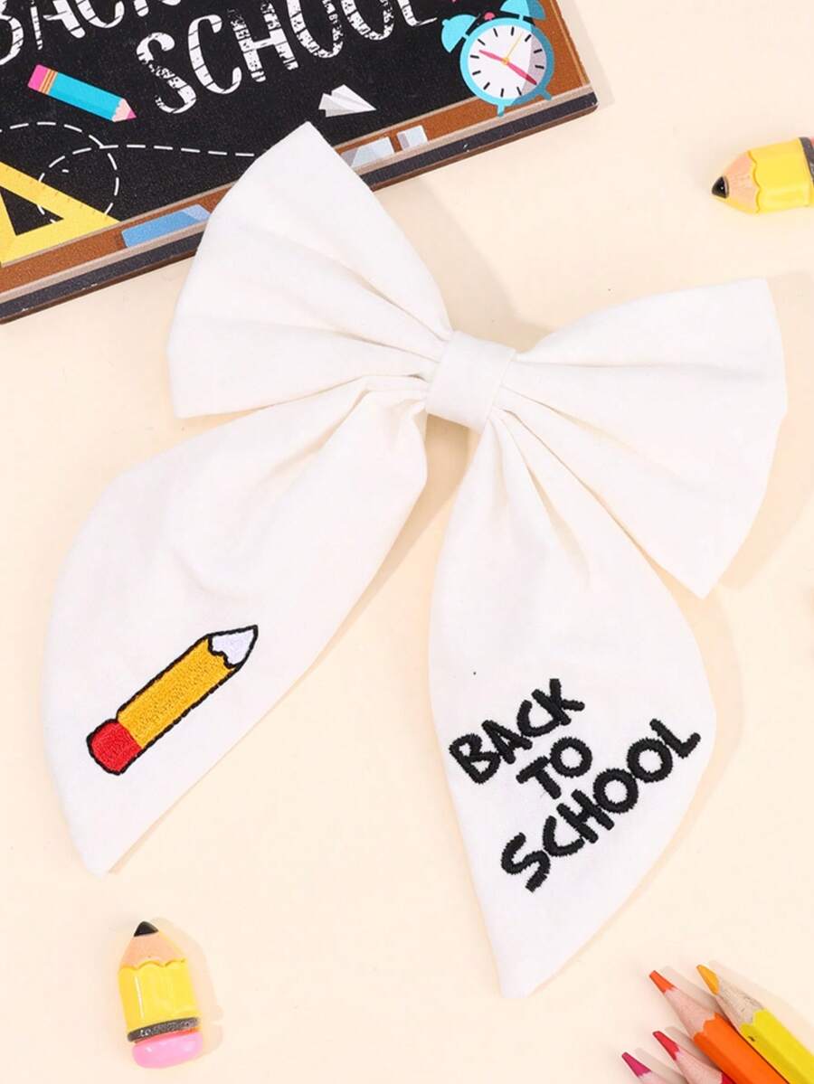 1pc White Fabric Bow Hair Clip, Book & Pencil Print Hair Bow, Fashionable Daily Use Hair Accessory Gift For Kids Back To School Season - Multicolor - View 1