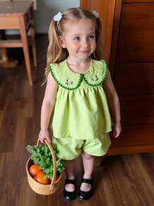 2pcs Girls Floral Embroidered Outfit Set 2025 - Peter Pan Collar Top & Elastic Waist Shorts, Toddler Play Clothes (Age 2-3,4-5,6-7Y)