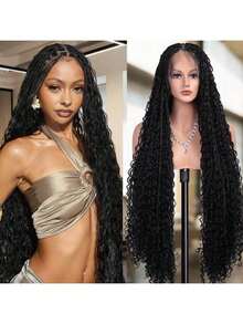 DWNSEN Boho Knotless Braided Wigs For Women Bohemian Box Braided Wigs Double Full Lace Braided Wigs With Baby Hair Synthetic Boho Braid Wig Natural Black Suitable For Daily Use Dates Holidays Birthdays Parties And Vacations{1B} - 1B - Xem 1