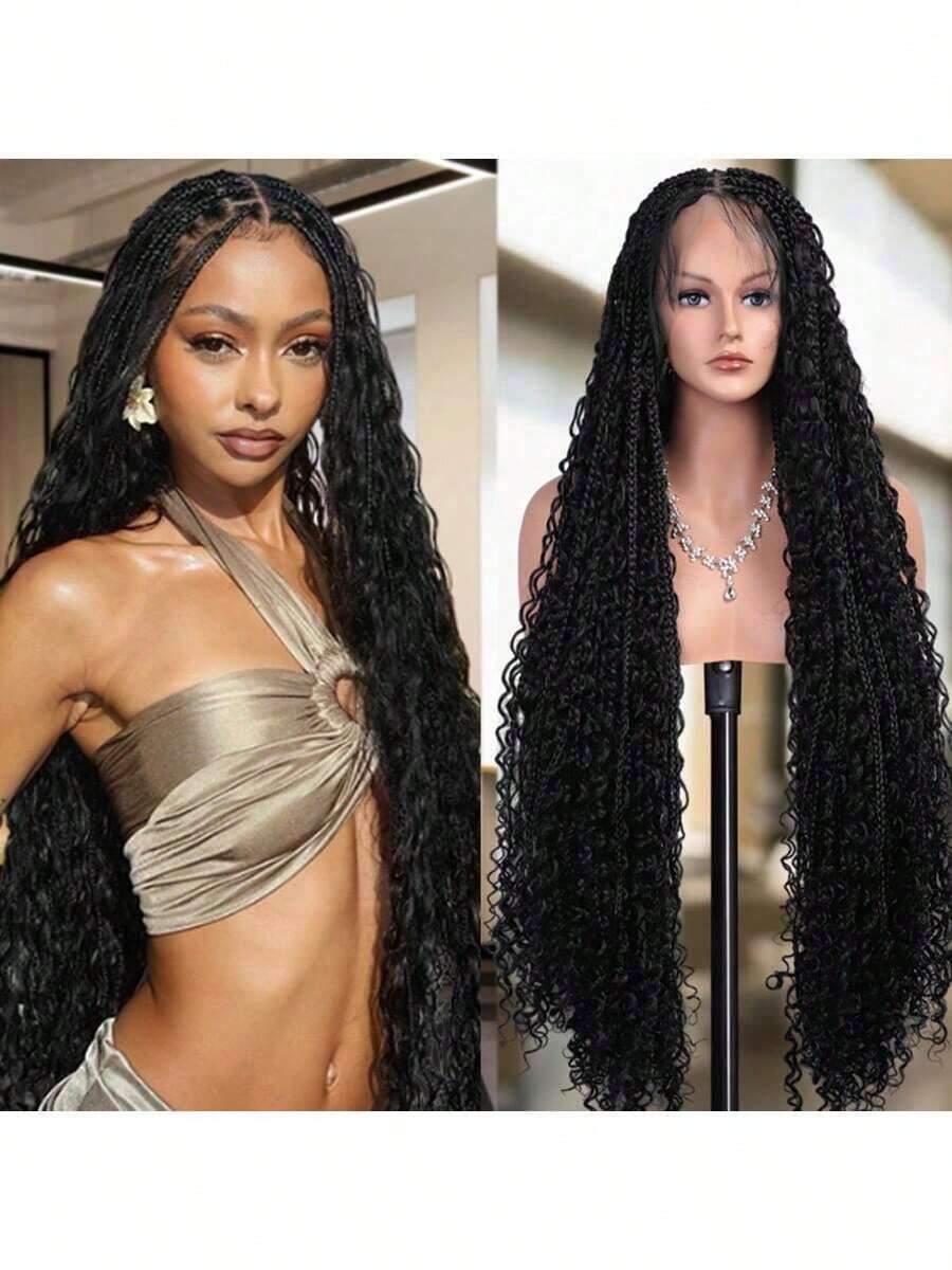 DWNSEN Boho Knotless Braided Wigs For Women Bohemian Box Braided Wigs Double Full Lace Braided Wigs With Baby Hair Synthetic Boho Braid Wig Natural Black Suitable For Daily Use Dates Holidays Birthdays Parties And Vacations{1B} - 1B - Xem 1